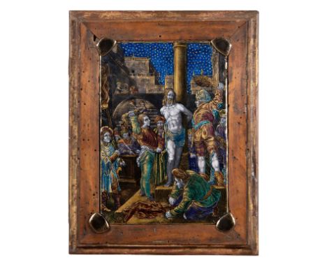 Email-Plakette "Geisselung Christi"Frankreich, Ende 19.Jh., in der Art von Limoges des 16.Jhs. Polychromes Maleremail mit fei