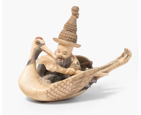 Netsuke von Gyokuzan Japan, 19./20.Jh. Elfenbein, teilweise silber lackiert und eingelegt mit gefärbtem Elfenbein und Schildp