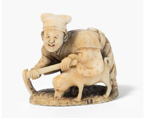 Netsuke von Homin Japan, 19.Jh. Elfenbein. Signiert Hômin mit Kao. Szene aus dem japanischen Volksmärchen Hanasaka Jijii, in 