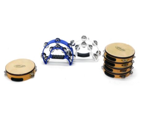 Five Stagg 8" wooden tambourines, and two tambourines. (7) 