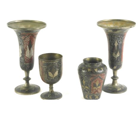 A pair of Indian silvered metal and enamel style trumpet shaped vases, 23cm high, a similar goblet, and a vase. (4) 