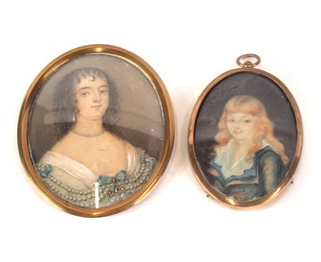 A 19thC oval miniature, head and shoulders portrait of a maiden and another blue jacket. (2)