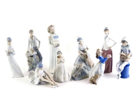 A collection of Nao porcelain figurines, to include girl with a dog, a young child dressed as a Harlequin with cat, child wit