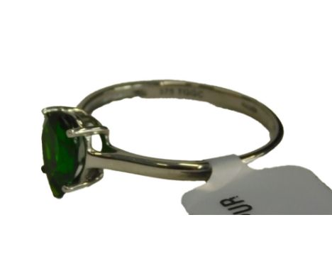 A 9ct white gold dress ring, with pear cut dark green stone, in claw setting, ring size N½, 1.6g all in.