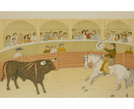 After Vincent Haddlesey.&nbsp; Print EA of bull and horse rider, signed in pencil to margin, 27cm x 43cm, framed.