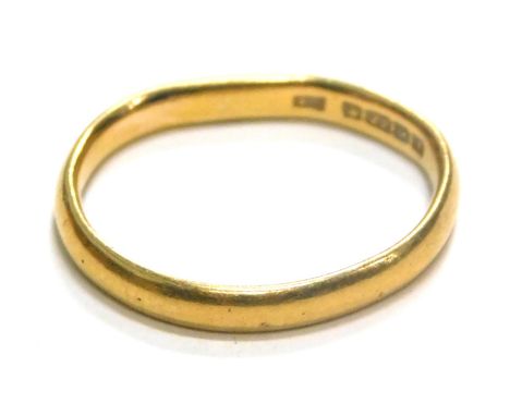 A 22ct gold wedding band, of plain design, misshapen, ring size L½, 2.6g.