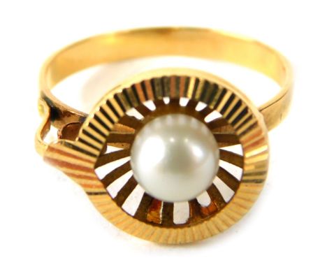 A fan design dress ring, with central cultured pearl and outer twist border, with V splayed shoulders, on a yellow metal band
