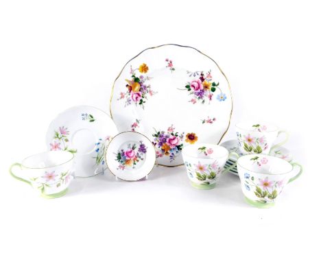 A Royal Crown Derby Derby Posies cabinet plate, 26cm wide, pin dish, 10cm wide, and a set of four Shelley cups and saucers. 