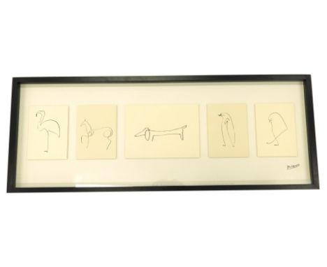 After Pablo Picasso animal sketches, to include flamingo, horse, dog, penguin, and bird, print, 36cm x 102cm, in modern black
