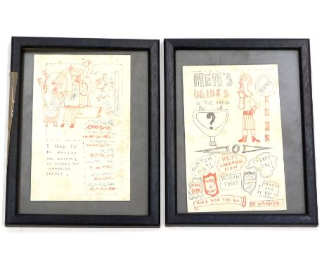 20thC School. Men's Things in the Basin Beware, satirical cartoon, pen, unsigned, 18cm x 11cm, and another similar. (2) 