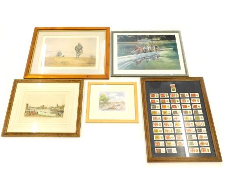 Ros Goody, pheasant shoot, artist signed print, three rowing prints and a framed set of Players cigarette cards Regimental Fl