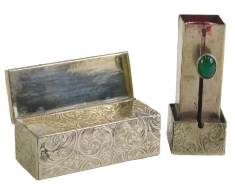 A 1950s lipstick holder, in a silver plated floral case, with stone inlaid panel of flowers, numbered 48, 5.5cm high. 