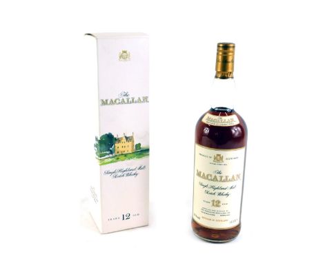 A bottle of The Macallan single Highland malt Scotch whiskey, twelve years old, with box.