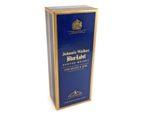 A bottle of Johnnie Walker blue label Scotch whisky, in original box and packaging.
