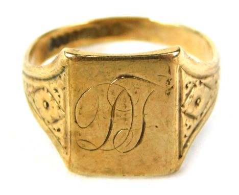 A 9ct gold signet ring, the panel with initials DT, with floral shoulder, ring size P½, 3.8g all in. 