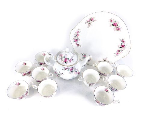 A Royal Albert Lavender Rose pattern part tea service, comprising teapot, coffee pot, milk jug, sugar bowl, large cake plate,