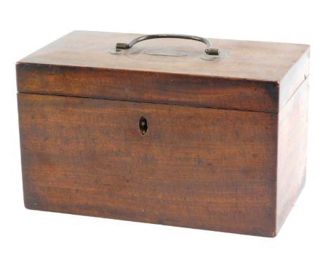 A 19thC mahogany tea caddy, the hinged lid with brass loop handle and plaque engraved with monogram enclosing two lidded cadd