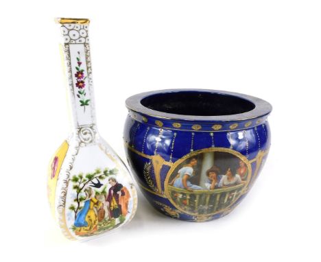 A continental porcelain vase, with gilt decoration and painted yellow panels of flowers, of cross sword marked underside, 32c