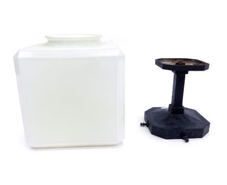 A cast metal ceiling or porch light, the blackened frame with an opaque square box shade, 52cm high.