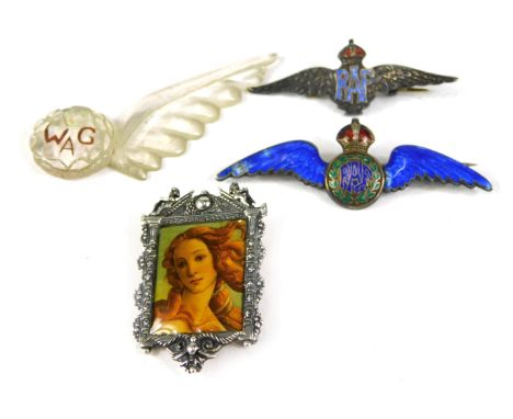 A silver and enamel RAF wings brooch, 6cm wide, a silver and partial enamel silver wings brooch, 4.5cm wide, a WAC plastic wi