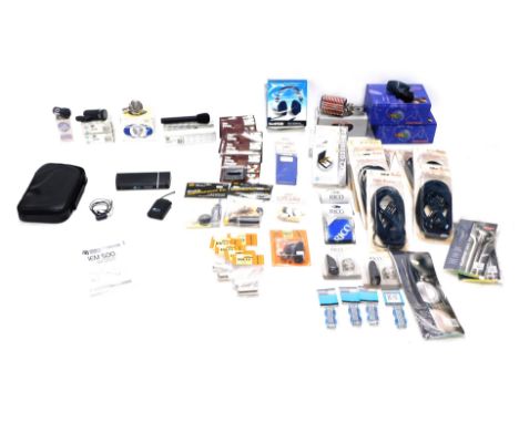 A quantity of musical instrument accessories, to include electric tower, pre amp leads, Rico lead case, guitar string cleaner