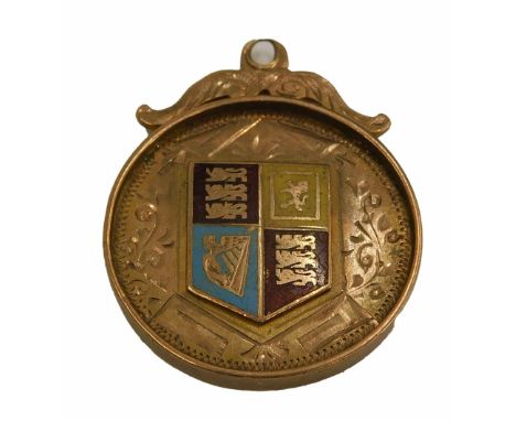 A 9ct gold shield fob, with scroll top, and an enamel central shield, with blue, red and yellow enamel, inscribed NL and D AR