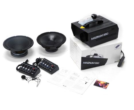 A Martin Magnum 550 machine smoke machine, boxed, 2x four channel mono mic mixers, a Lavalier tie clip microphone for wireles