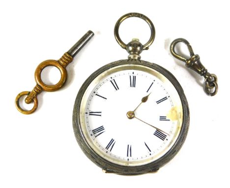 A Victorian silver fob watch, with a heavily engraved floral case, with vacant shield, white enamel face with Roman numeric b