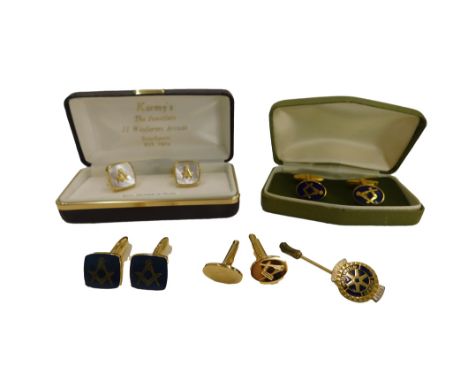 A group of gentleman's Masonic jewellery, comprising blue enamel and gold plated cuff links, mother of pearl cufflinks, tie p