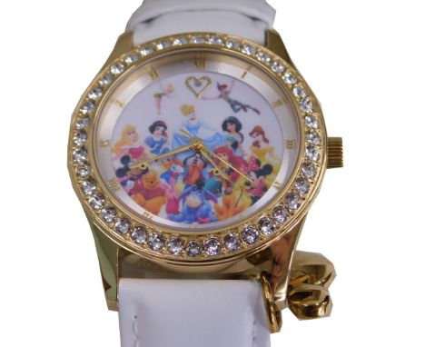 A Bradford Exchange Disney Believe in Magic wristwatch, depicting the classic Disney figures, on a white leather strap, the d