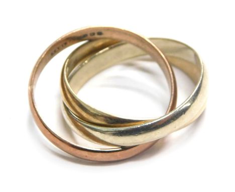 A 9ct gold eternity ring, with three interlinks in white, yellow and rose gold, ring size K½, 4.6g all in.