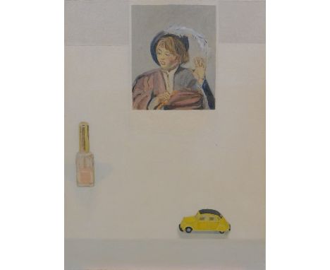 20thC School. Nail varnish, toy Citroen and portrait, acrylic on panel, indistinctly signed and dated 2000 verso, 29cm x 21cm