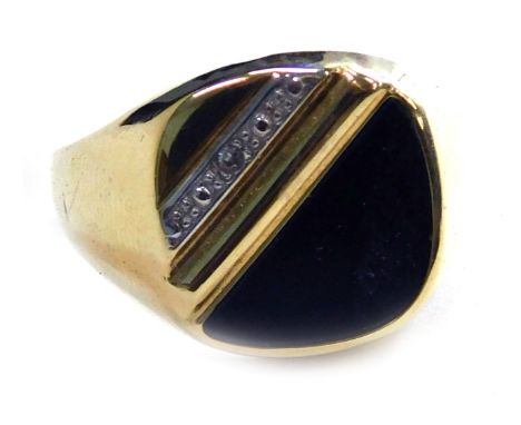 A 9ct gold signet ring, the square panel set with tiny diamond and black agate, ring size R, 2.8g all in. 