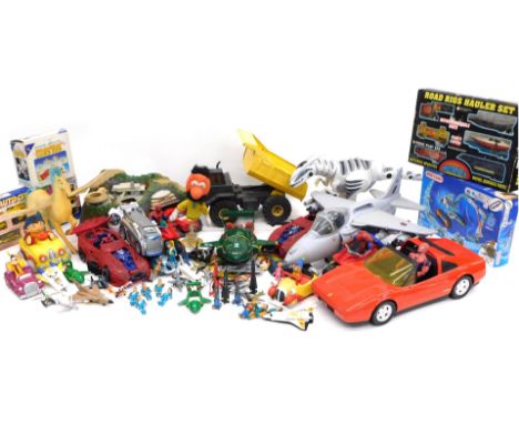 A collection of toys, comprising Meccano, Corgi Auto City, battery operated Dalmatian magic dog, Robosapien, Thunderbird 1, B