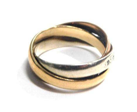 A tricolour dress ring, of crossover design with rose, yellow and white gold, tiny diamond set, yellow metal unmarked, believ