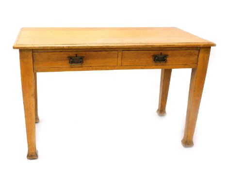 An oak console table, with two drawers with brass handles, on square tapering legs, 76cm high, 120cm wide, 63cm deep. 