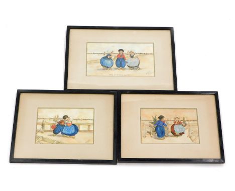 M. E. Tugwell. Children before boats, watercolour over print, signed and dated (19)14, 11cm x 15cm, and others similar. (3) 