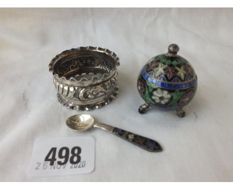 A small enamel decorated jar with hinged cover, a napkin ring and a cruet spoon