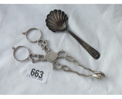 A pair of Georgian scissor-shaped sugar tongs and a Newcastle caddy spoon - 53gms