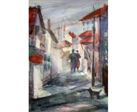 R T BUGARISH - Study of figures in street - 7.5" x 5.5" - inscribed
