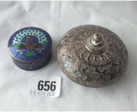 A silver and enamel decorated Eastern box - 2"DIA - and a jar with cover stamped silver