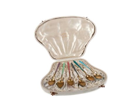 SET OF SIX NORWEGIAN SILVER GILT AND ENAMEL COFFEE SPOONS,by Jacob Tostrup, each handle and bowl back with fluted, Greek key 
