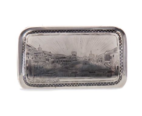 RUSSIAN IMPERIAL SILVER NIELLO CIGARETTE BOX,maker likely Egorov Aleksandr Sergeev, Moscow 1876, the hinged cover enamelled w
