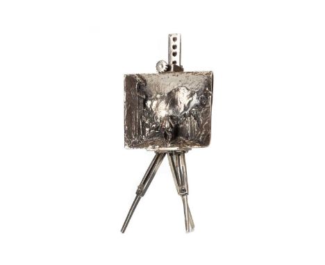 ITALIAN SILVER MINIATURE EASEL,maker La Medusa Oro, .925 standard, the landscape canvas relief modelled with an old man walki