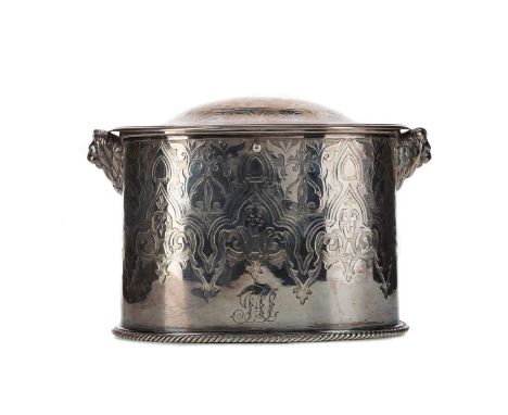 VICTORIAN SCOTTISH SILVER TEA CADDY,maker J. G, Glasgow 1861, with twin lion mask handles and chased foliate and scroll decor