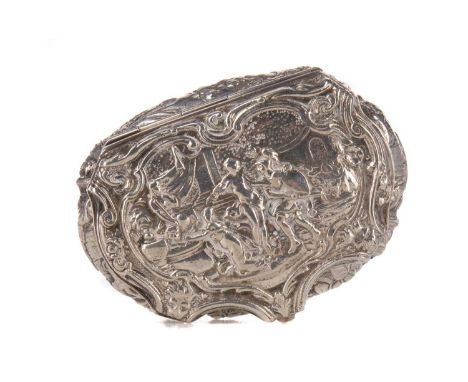 GERMAN SILVER SNUFF BOX,of shaped outline, relief decorated in the Classical taste, 800 standard, 8.5cm wide, 116g 