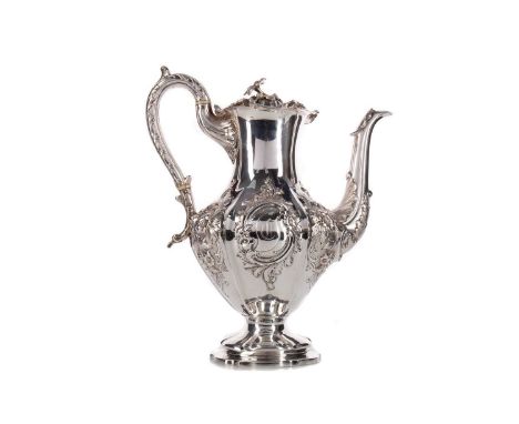 VICTORIAN SILVER COFFEE POT,maker R&amp;G, Glasgow 1850, of shaped baluster form, with scroll and flowerhead cast rim, scroll