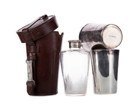 HUNTING FLASK AND CUP SET BY MAPPIN & WEBB,comprising a clear and cut glass flask with silver plated top and twin silver plat