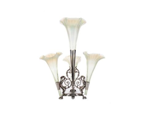 EDWARDIAN SILVER PLATED AND VASELINE GLASS EPERGNE,the circular base with presentation inscription dated 1905, fitted with fo