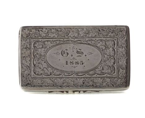 VICTORIAN SILVER SNUFF BOX,maker George Unite, Birmingham 1884, with leaf decoration and engraved 'G.S. 1885', 7.3cm wide, ap